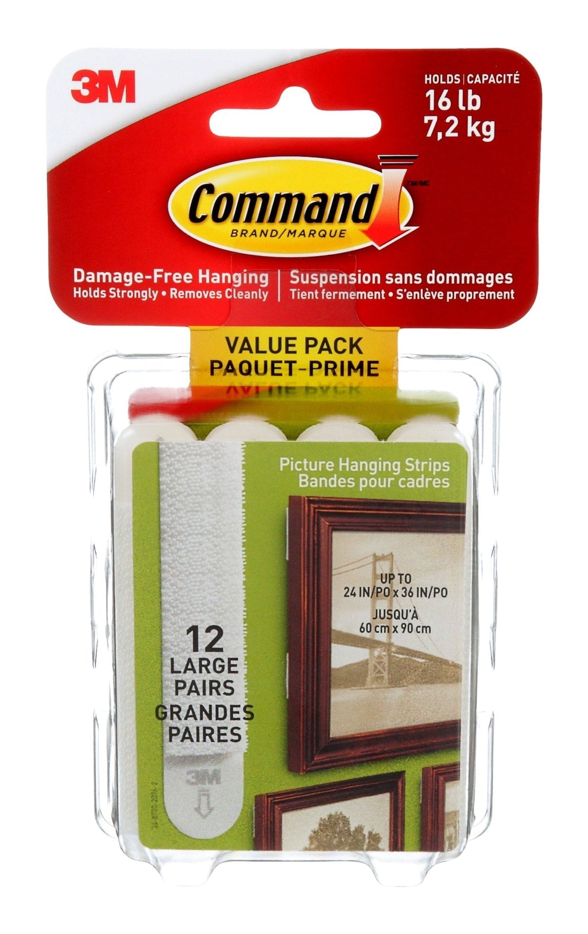 Large Adhesive Picture Hanging Strips Value Pack, White, 16-lbs, 12 Strips per Pack M5H5 - product image 1