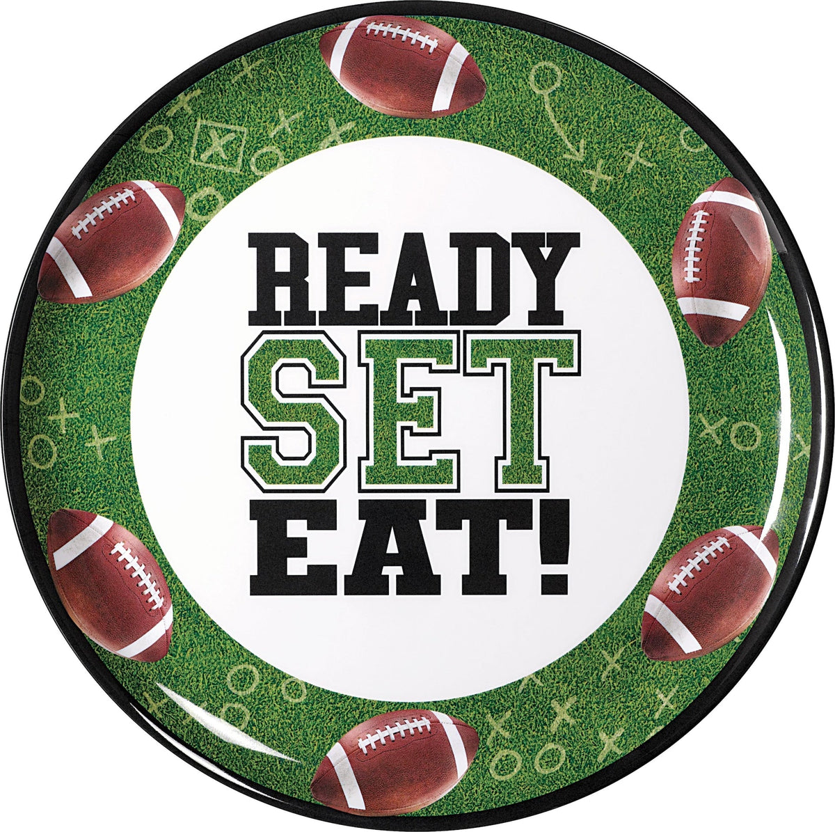 "Ready Set Eat" Round Plastic Melamine Reusable Serving Platter, Green, 13.5-in, for Sports Party B3R0 - product image 1