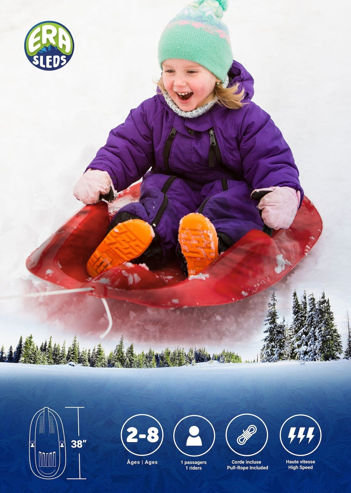 Blitz Kids' 1-Person Plastic Winter Snow Sled/Toboggan with Brakes & Tow Rope T7K1 - product image 3