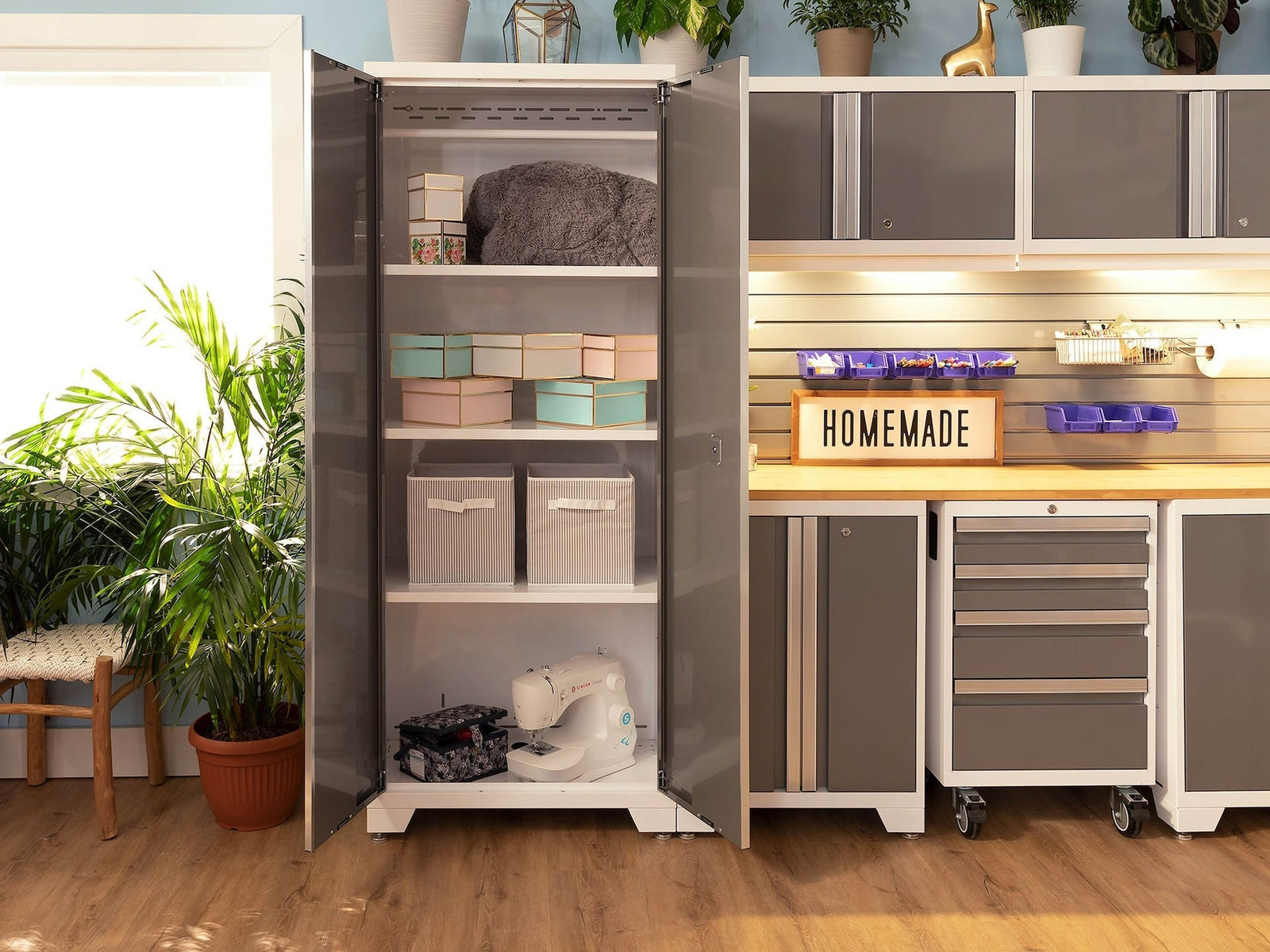 Bold 3.0 Series All-in-One Lockable Steel Garage Cabinetry Set with Bamboo Top, White/Platinum, 48-in x 18-in x 76.75-in, 5-pc Y5W8 - product image 3