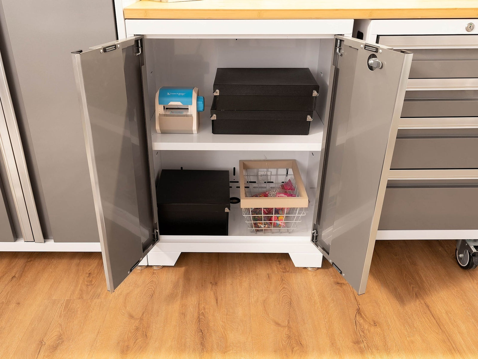 Bold 3.0 Series All-in-One Lockable Steel Garage Cabinetry Set with Bamboo Top, White/Platinum, 48-in x 18-in x 76.75-in, 5-pc Y5W8 - product image 5