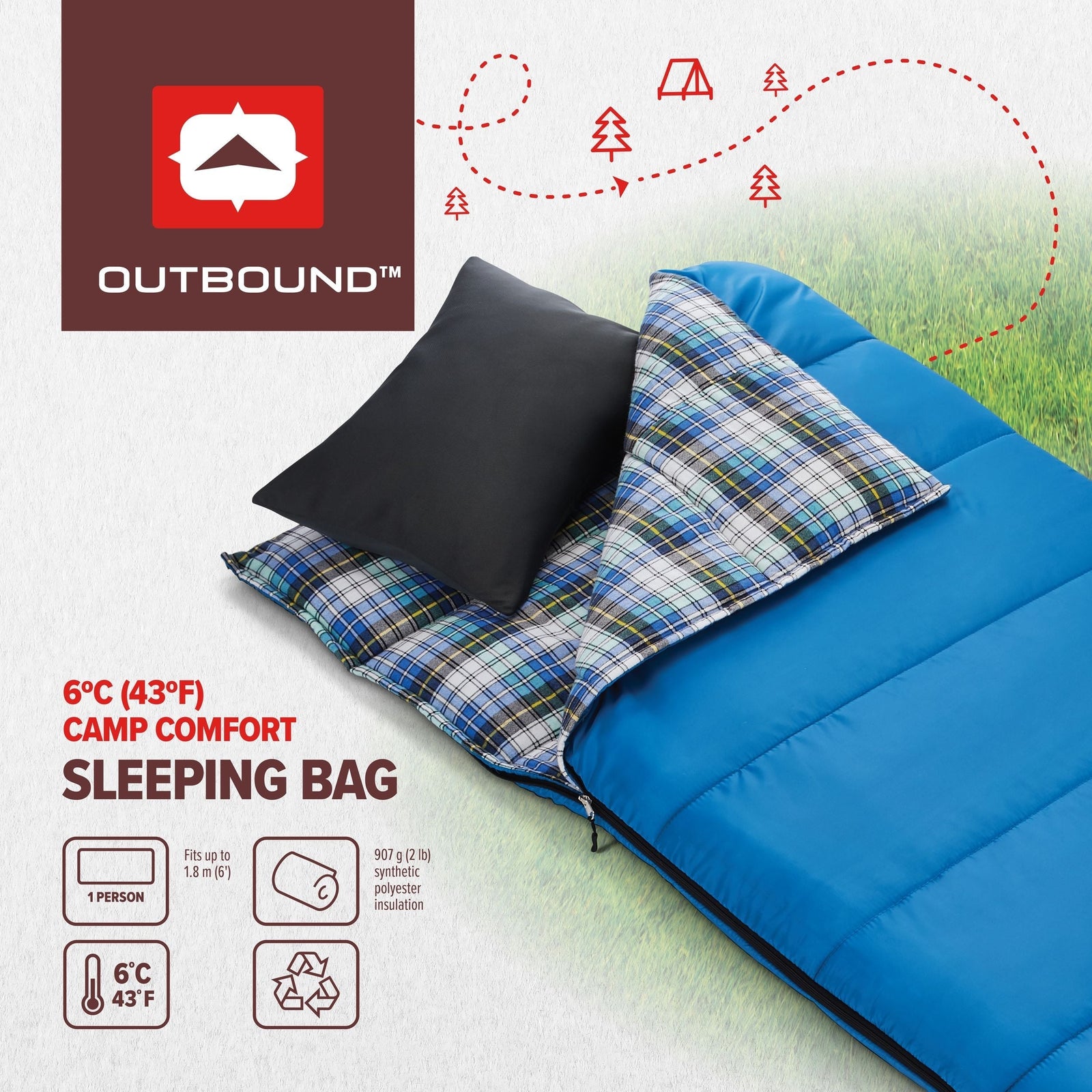 Comfort 5°C Insulated Cotton Lined Mild Weather Sleeping Bag with Compression Sack, Blue S0A3 - product image 3