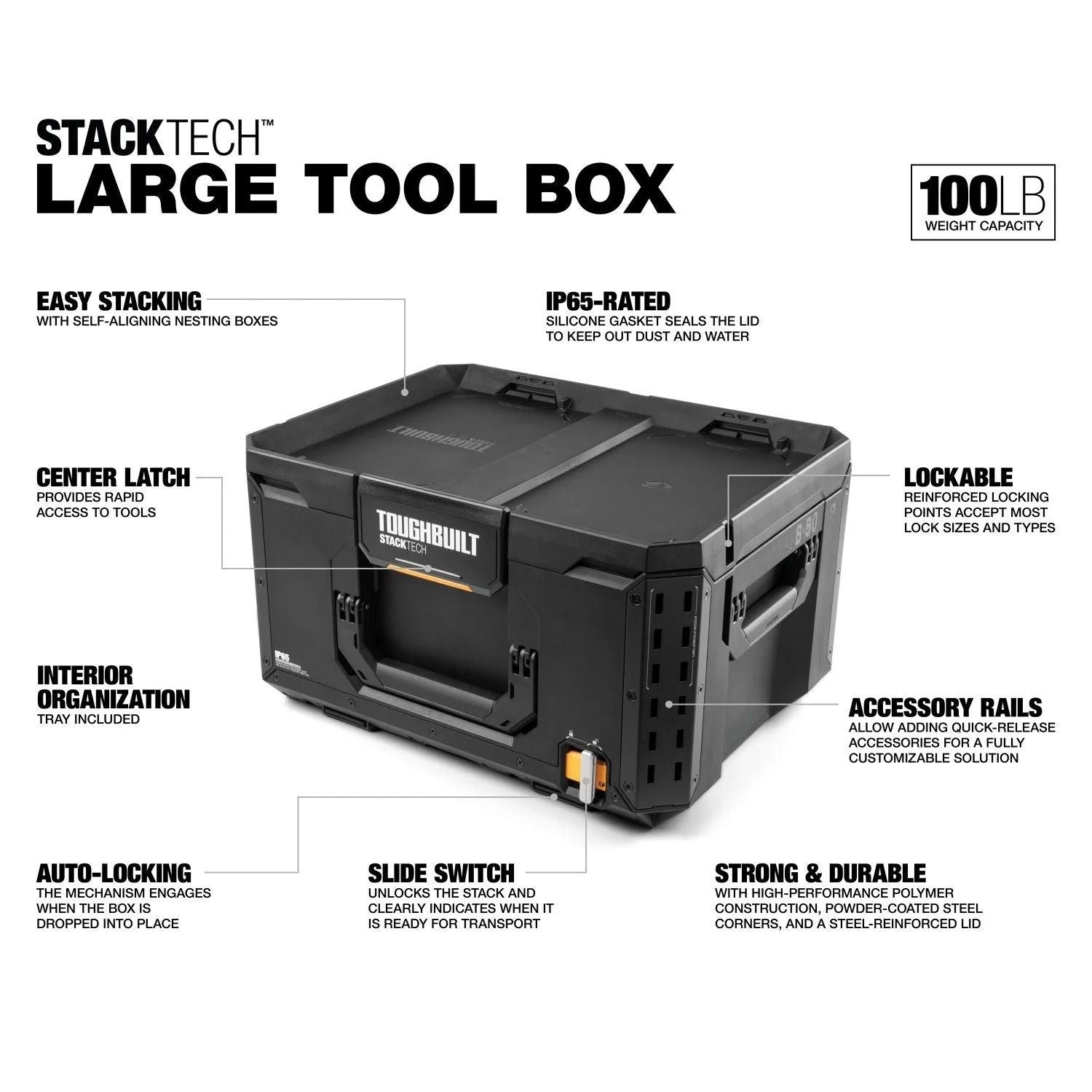 StackTech Middle Portable Modular Plastic/Metal Tool Box with Inner Tray, IP65-Rated, Black E9U5 - product image 2