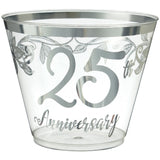 "25th Anniversary" Bordered Trimmed Plastic Reusable Tumbler Cups, Clear/Silver, 9-oz, 30-pk, for Anniversary Party X4N8 - product image 1