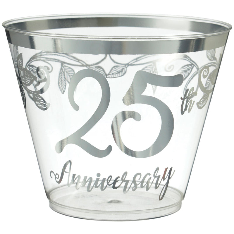"25th Anniversary" Bordered Trimmed Plastic Reusable Tumbler Cups, Clear/Silver, 9-oz, 30-pk, for Anniversary Party X4N8
