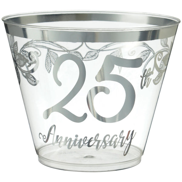 "25th Anniversary" Bordered Trimmed Plastic Reusable Tumbler Cups, Clear/Silver, 9-oz, 30-pk, for Anniversary Party E8A5