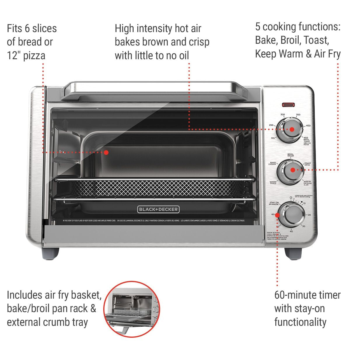 Crisp 'N bake 6-Slice Air Fryer Toaster Oven, Stainless Steel, 5 Cooking Functions I8E3 - product image 3