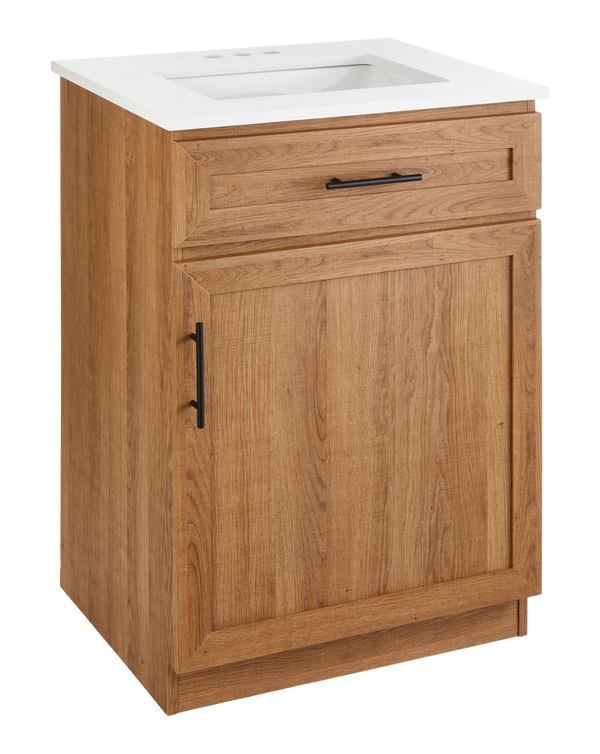 Danville Single Door Single Sink Stone Top Bathroom Vanity, Honey Oak, 24-in K0L3