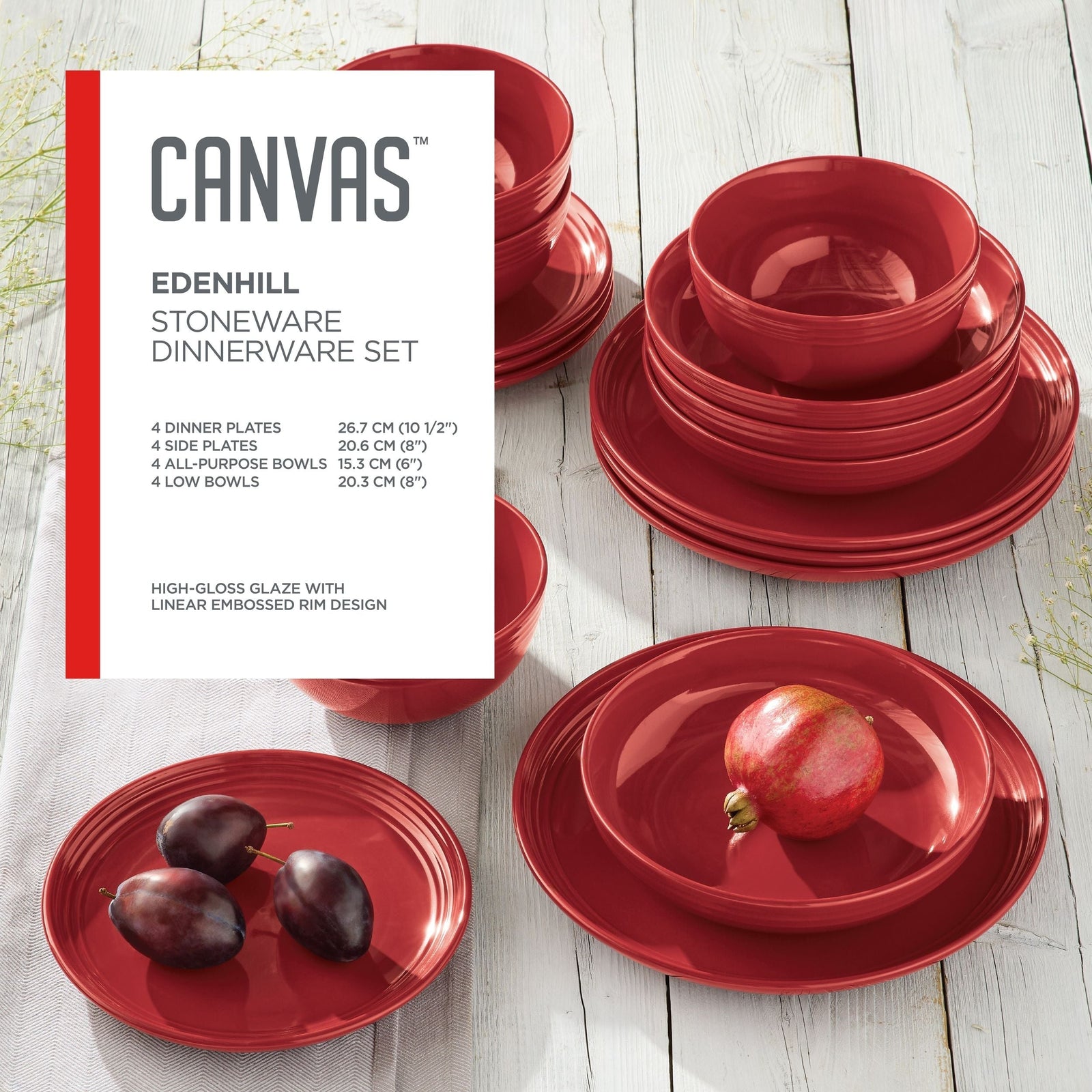 Edenhill Farmhouse Bistro Stoneware Dinnerware Set, Serves 4, 16-pc, Red I3T9 - product image 4