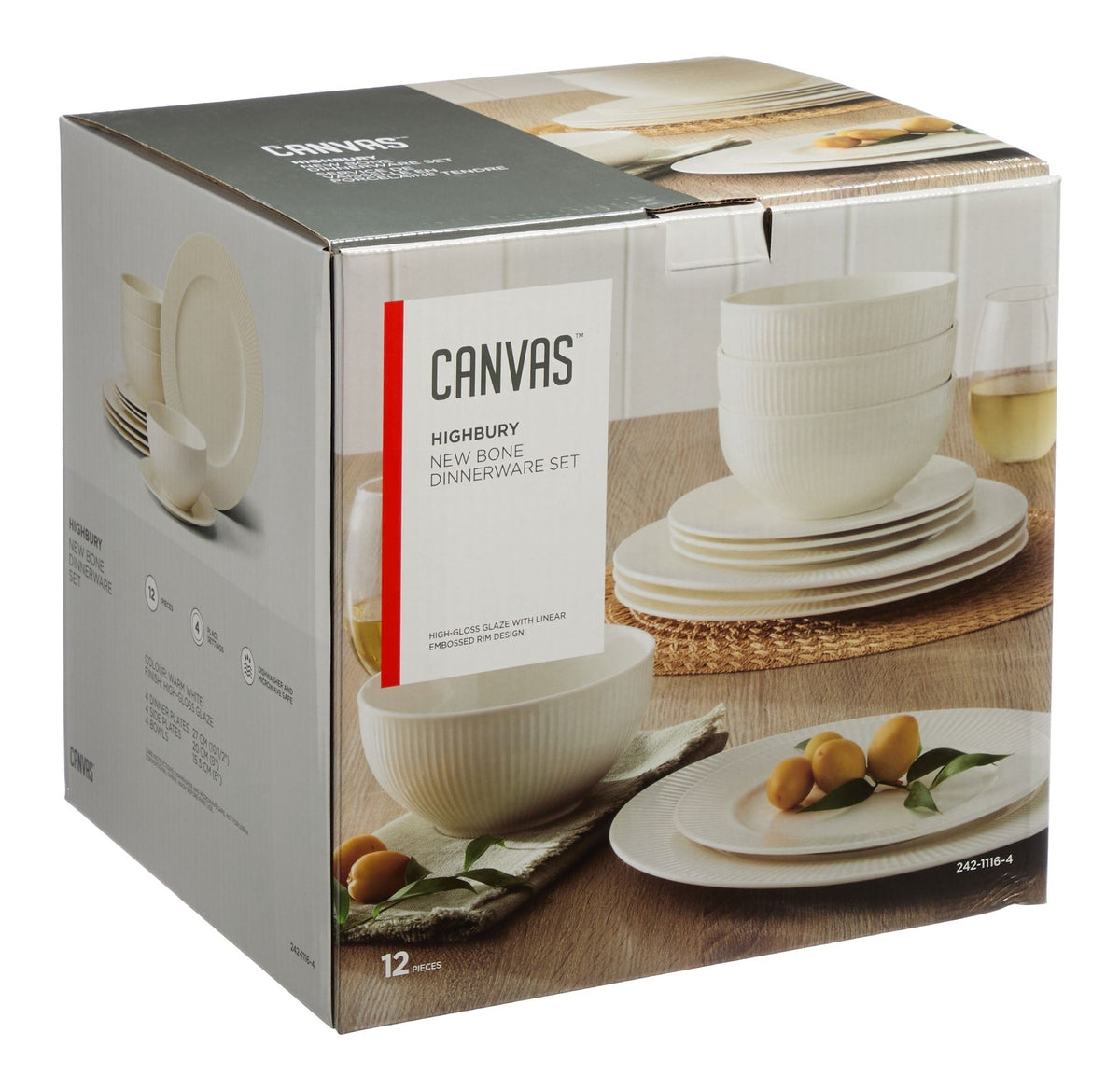 Highbury Ribbed New Bone Dinnerware Set, Serves 4, 12-pc, White T1B3 - product image 2