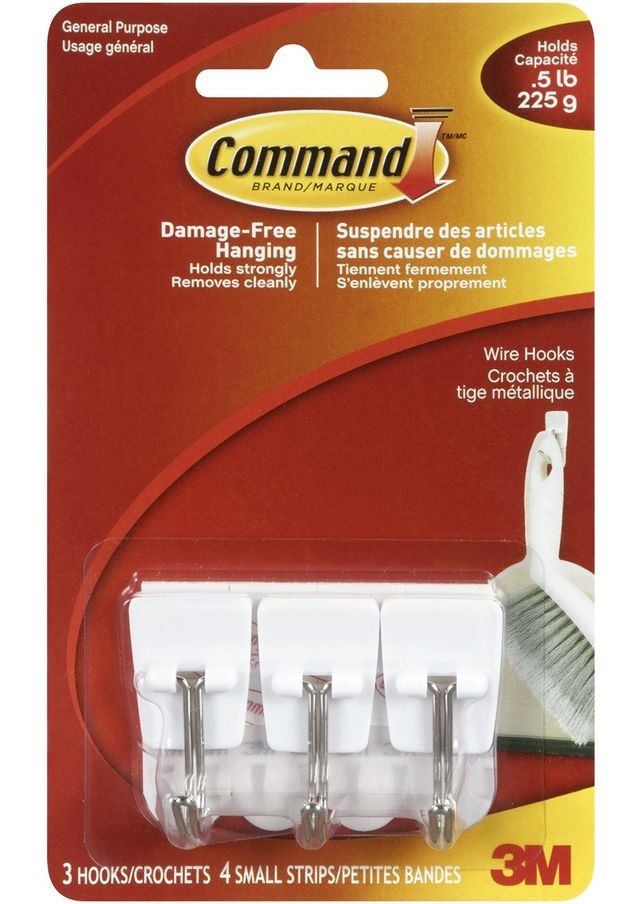 Micro Wire Utensil Hooks with Adhesive Strips, White, 0.5-lbs, 3 Strips Per Pack A9T0