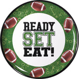 "Ready Set Eat" Round Plastic Melamine Reusable Serving Platter, Green, 13.5-in, for Sports Party B3R0 - product image 1