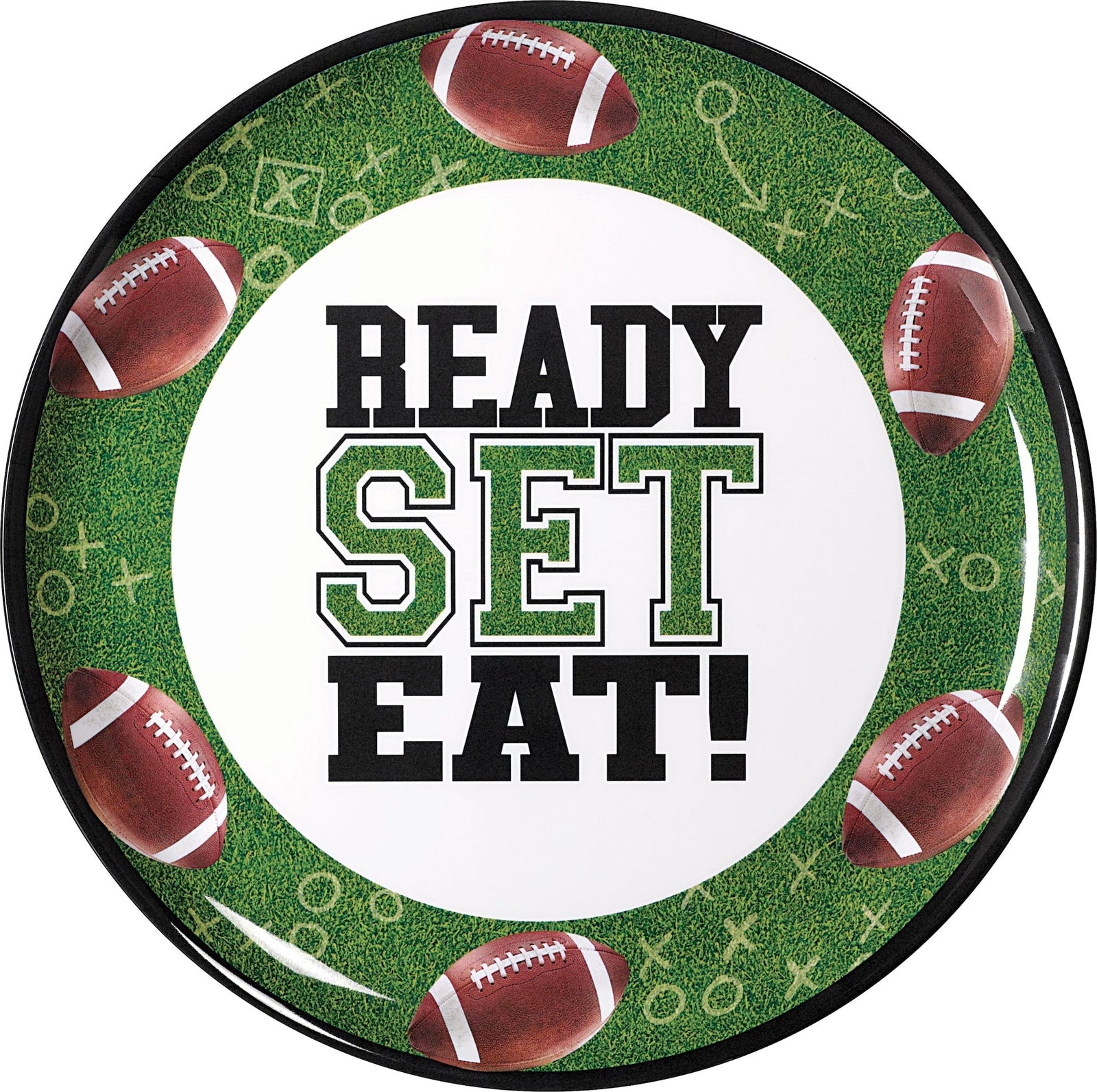 "Ready Set Eat" Round Plastic Melamine Reusable Serving Platter, Green, 13.5-in, for Sports Party B3R0 - product image 1