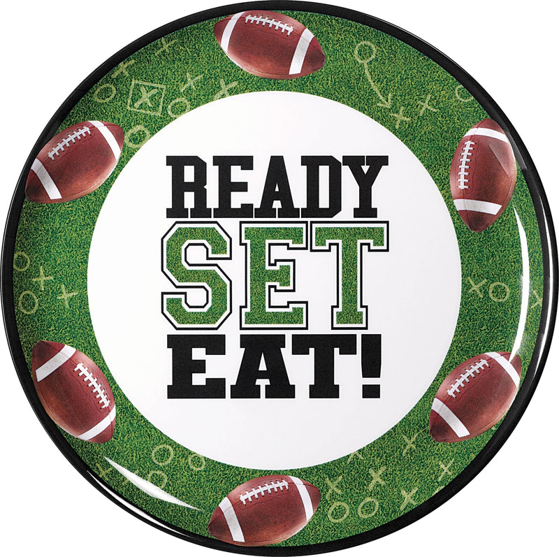 "Ready Set Eat" Round Plastic Melamine Reusable Serving Platter, Green, 13.5-in, for Sports Party B3R0