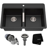 Quarza Undermount Granite Double Bowl Kitchen Sink, Black Onyx, 33x22x10-in S8Z0 - product image 1