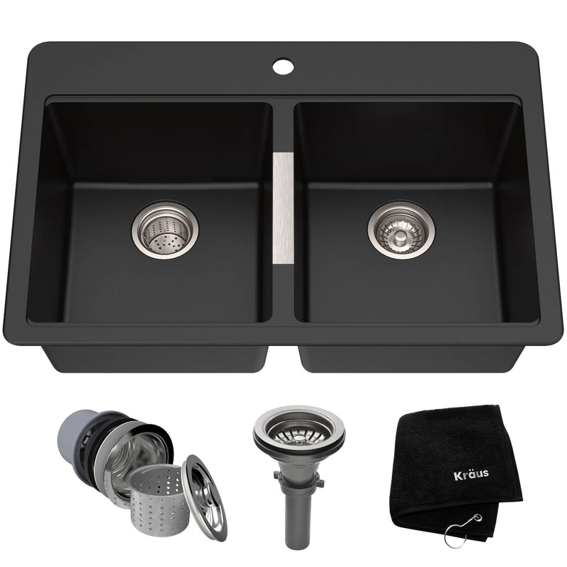 Quarza Undermount Granite Double Bowl Kitchen Sink, Black Onyx, 33x22x10-in S8Z0