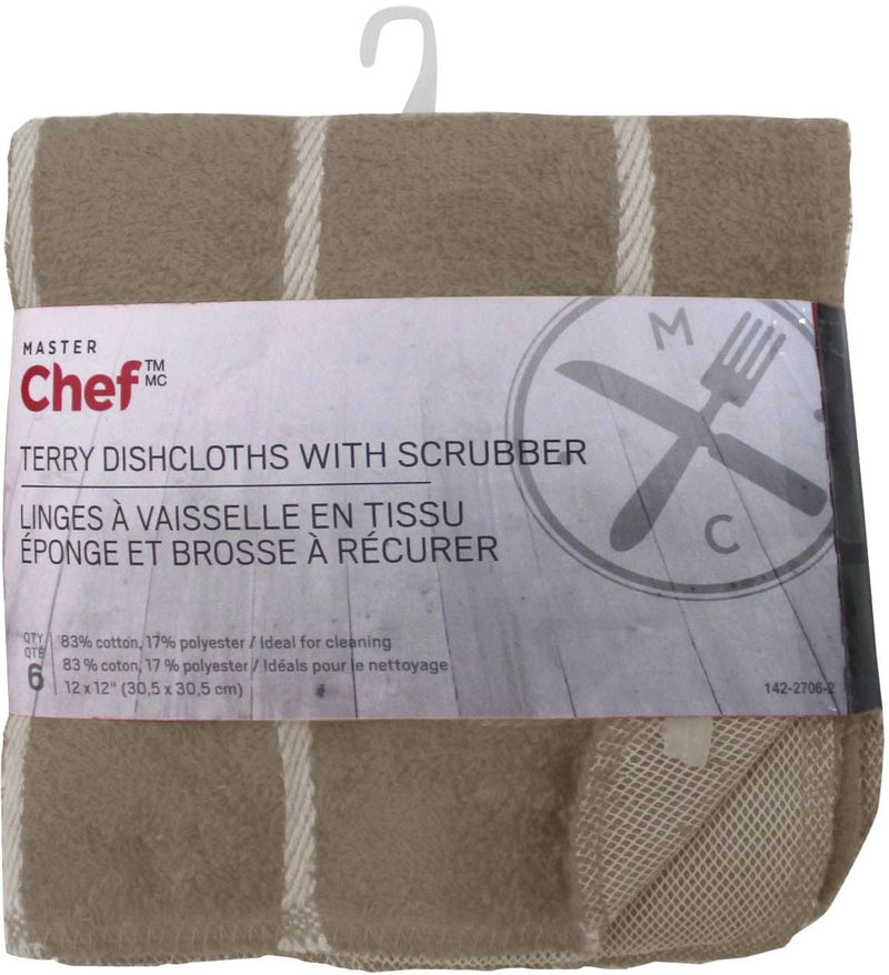 Terry Cotton Checkered Dishcloths with Scrubber, 12-in x 12-in, 6-pk, Brown E4K6