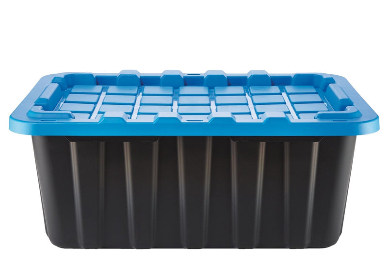 Heavy Duty Stackable Storage Box with Lid, 70-L, Black/Blue X9D1