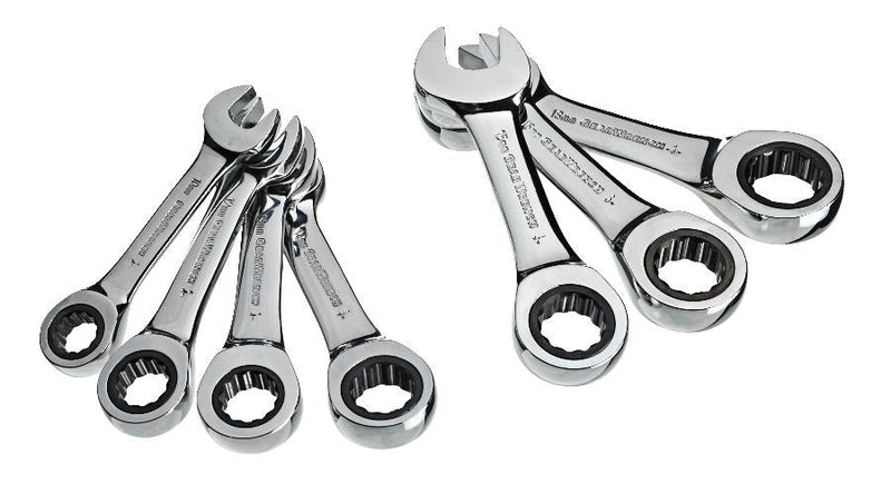 Stubby Ratcheting Wrench Set, Metric, Nickel-Chrome Plating, 7-pc Z5R0