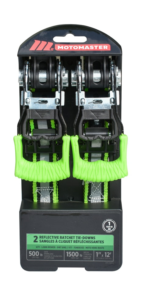 1,500-lb Reflective Ratchet Tie-Down Strap with Padded D-Handle, 1-in x 12-ft, 2-pk H1I1 - product image 1