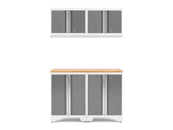 Bold 3.0 Series All-in-One Lockable Steel Garage Cabinetry Set with Bamboo Top, White/Platinum, 48-in x 18-in x 76.75-in, 5-pc Y5W8