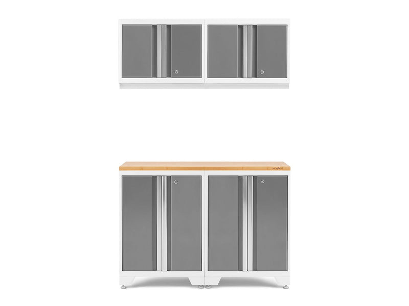 Bold 3.0 Series All-in-One Lockable Steel Garage Cabinetry Set with Bamboo Top, White/Platinum, 48-in x 18-in x 76.75-in, 5-pc Y5W8