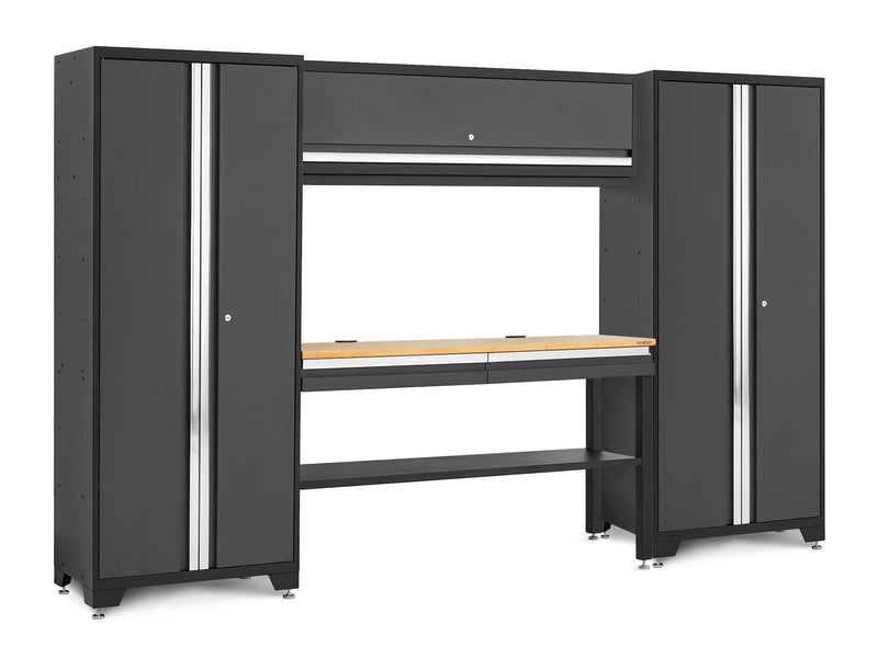 Bold 3.0 Series Lockable Steel Garage Cabinetry Set with Bamboo Top, Grey, 120-in x 18-in x 72-in, 5-pc P1Q7