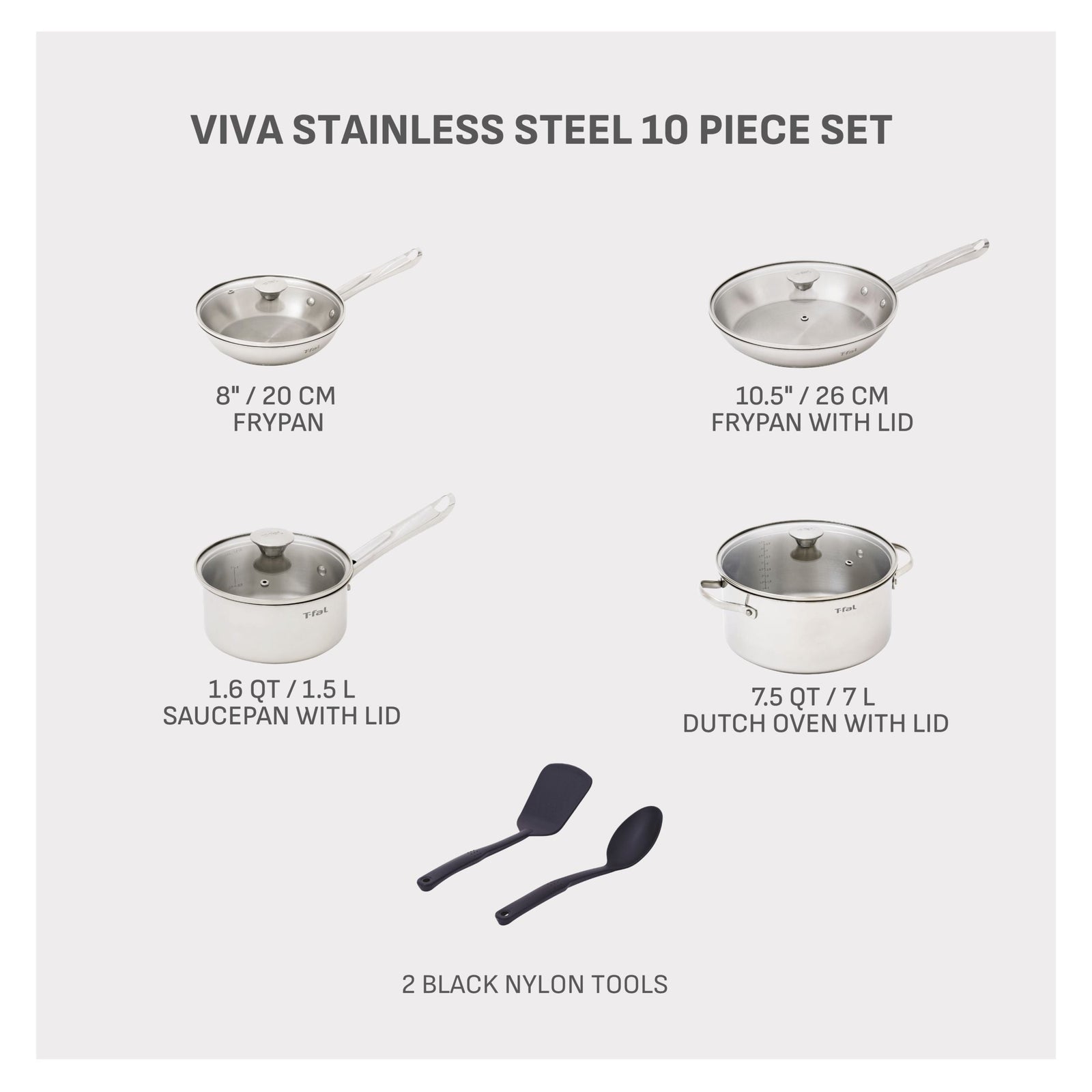 Viva Stainless Steel Cookware Set, Dishwasher & Oven Safe, Pots and Pans Set, 10-pc Q4P3 - product image 2