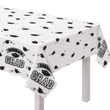 "Congrats Grad" Rectangle Plastic Reusable Table Cover, Black/White, 54x84-in, for Graduation X6M9 - product image 1