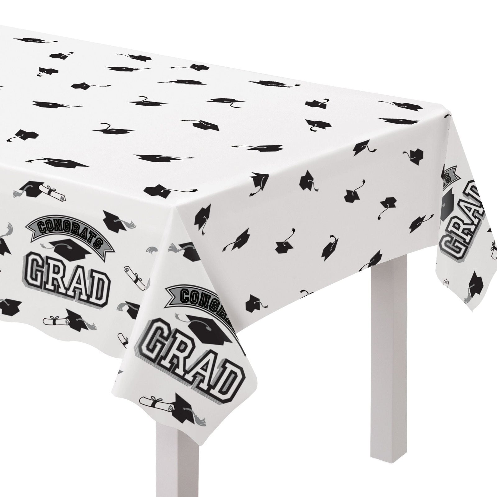 "Congrats Grad" Rectangle Plastic Reusable Table Cover, Black/White, 54x84-in, for Graduation M6F0 - product image 1