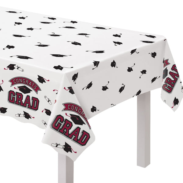 "Congrats Grad" Rectangle Plastic Reusable Table Cover, Maroon, 54x84-in, for Graduation S6N3