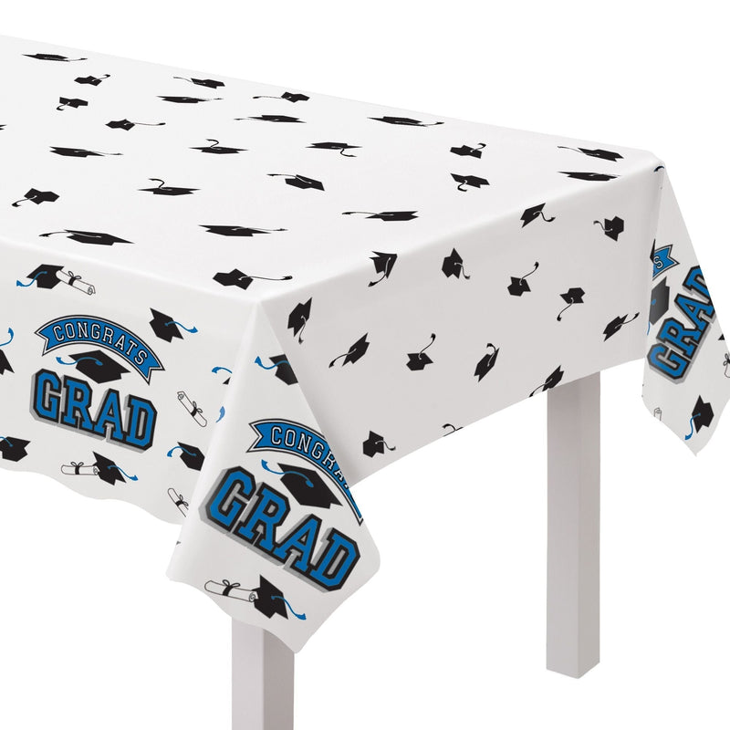 "Congrats Grad" Rectangle Plastic Reusable Table Cover, Navy, 54x84-in, for Graduation Z2N7