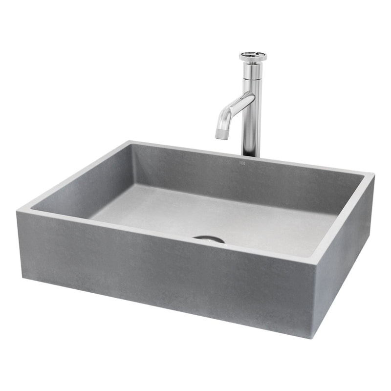Coca Gothic ConcretoStone Grey Bathroom Sink/Basin Set with Cass Faucet and Rectangular Vessel D9M1