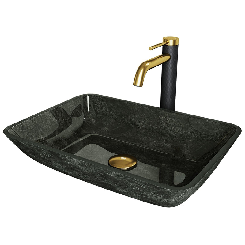 Glass Grey Onyx Bathroom Sink/Basin Set with Matte Gold Lexington Faucet and Rectangular Vessel S3B2