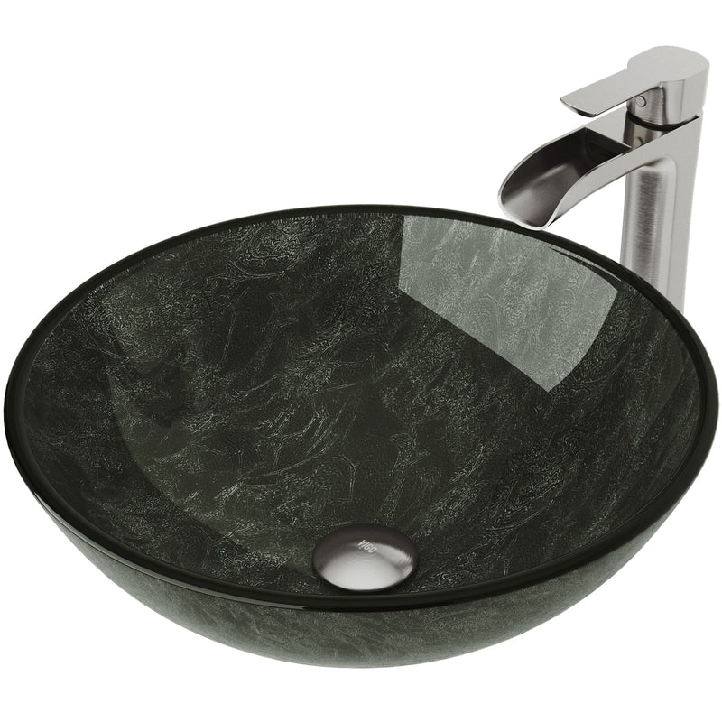 Glass Grey Onyx Bathroom Sink/Basin Set with Niko Faucet and Round Vessel B8H2