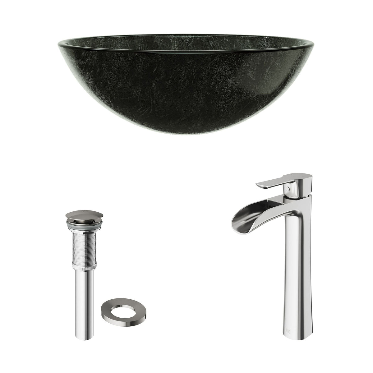 Glass Grey Onyx Bathroom Sink/Basin Set with Niko Faucet and Round Vessel B8H2 - product image 2