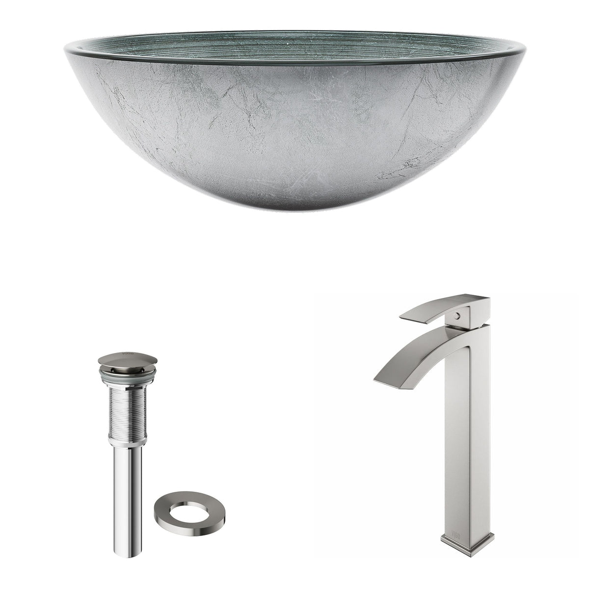 Glass Simply Silver Bathroom Sink/Basin Set with Duris Faucet and Round Vessel I2P0 - product image 2