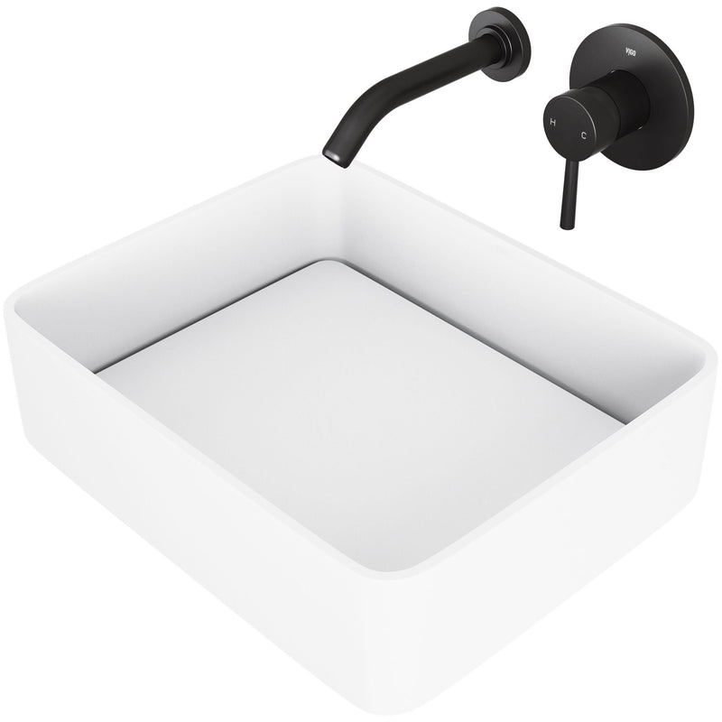 Jasmine MatteStone White Bathroom Sink/Basin Set with Olus Wall Mount Faucet and Rectangular Composite Vessel B3F8