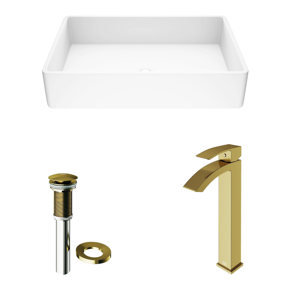 Magnolia MatteStone White Bathroom Sink/Basin Set with Matte Gold Duris Faucet and Rectangular Composite Vessel M7L3 - product image 2