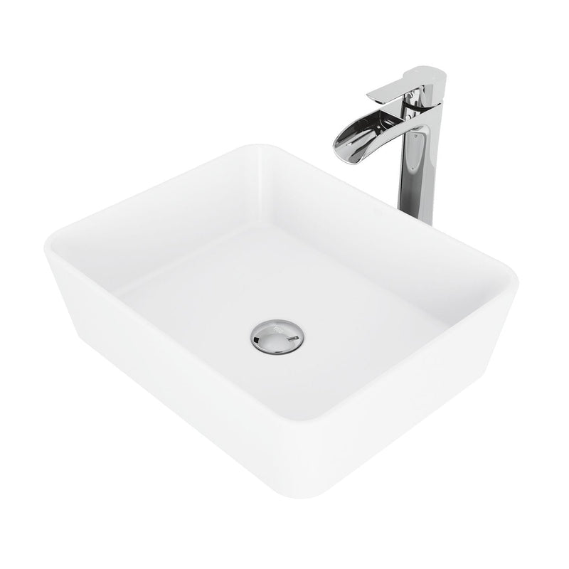 Marigold MatteStone White Bathroom Sink/Basin Set with Niko Faucet and Rectangular Composite Vessel T6H4