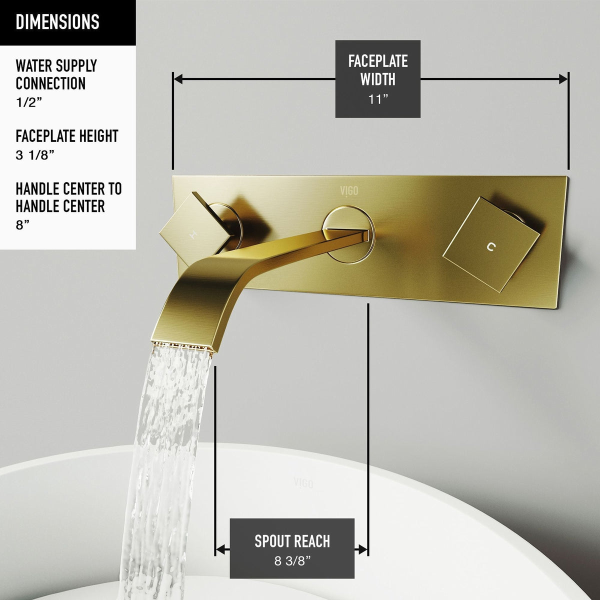 Titus Wall Mount Dual Handle Bathroom Sink Faucet, Eco-Friendly 1.2 GPM Flow Rate, Matte Brushed Gold D5A9 - product image 5